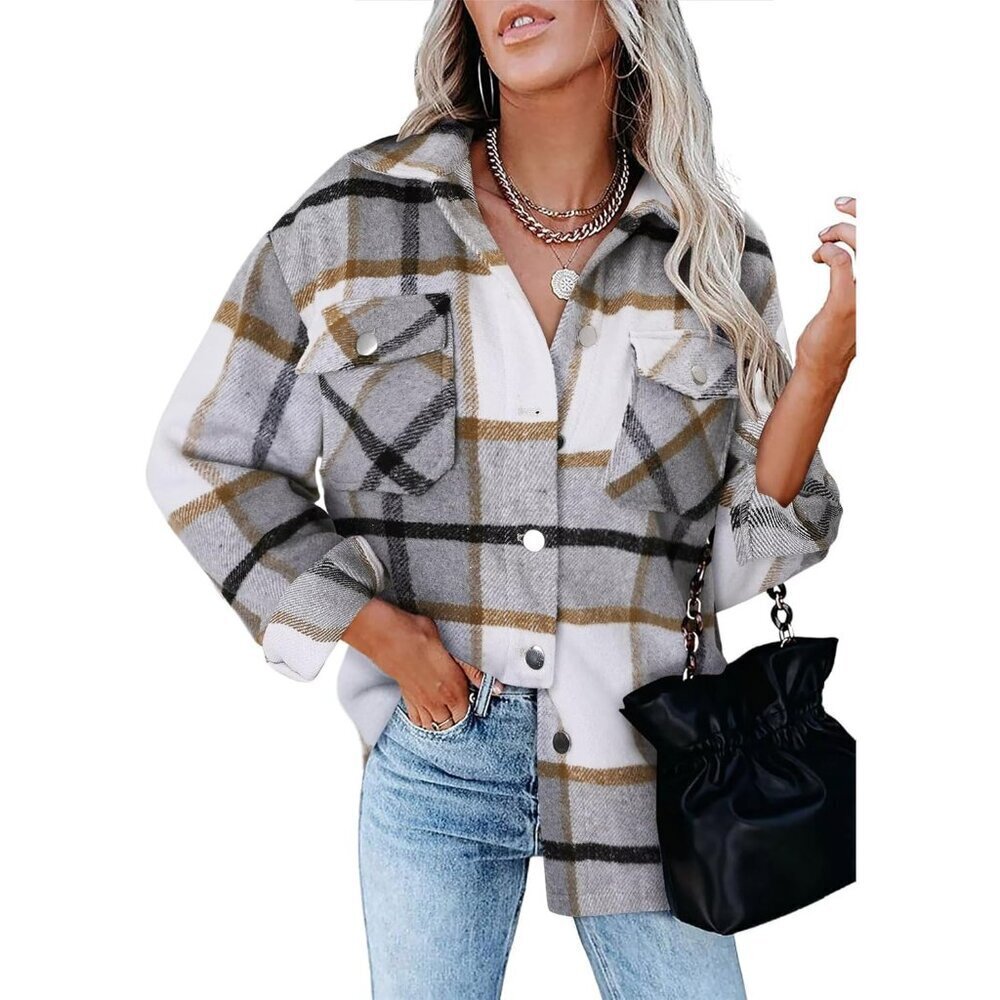 Women Gray Collared V Neck Button Down Oversized Long Sleeve Shirt Top - Picture 2 of 5